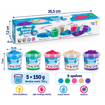 Genio kids išmanusis smėlis rinkinys 5 spalvos, 750 g