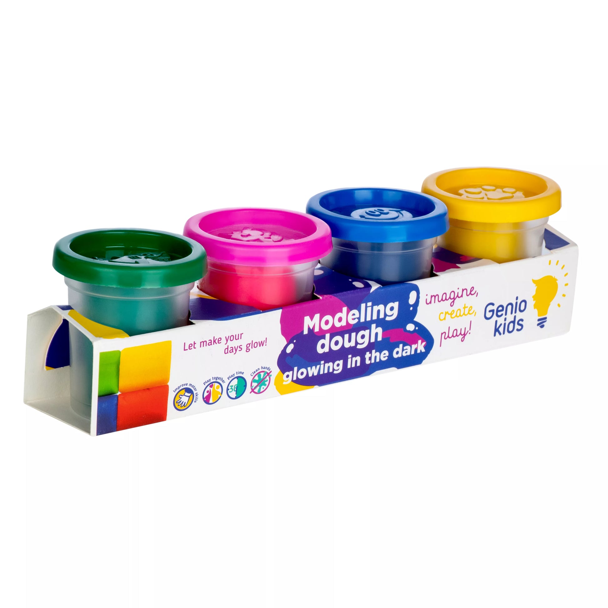 Genio Kids natūralus plastilinas - modelinas  4 šviečiančios tamsoje spalvos po 50 g